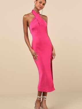 Lulus Beyond Classy Hot Pink Satin Halter Midi Dress - Size S